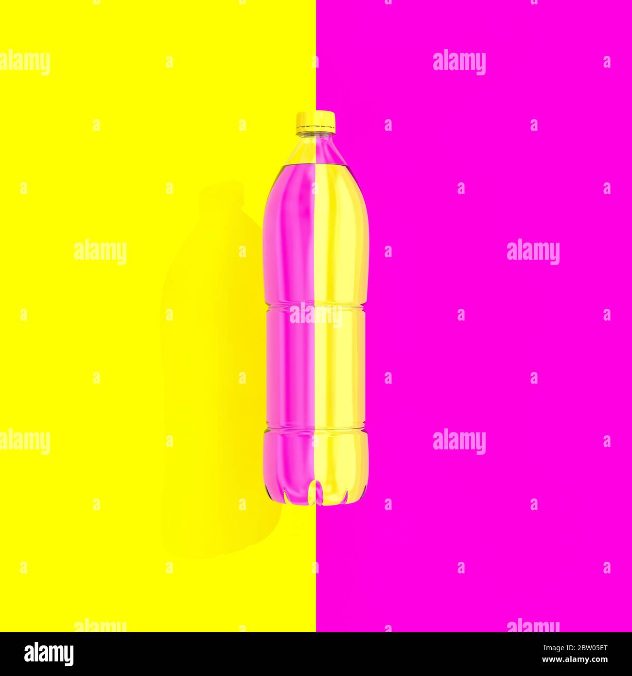 bouteille en plastique avec eau et fond bicolore, couleurs de type pose plate. rendu 3d, personne autour. Banque D'Images