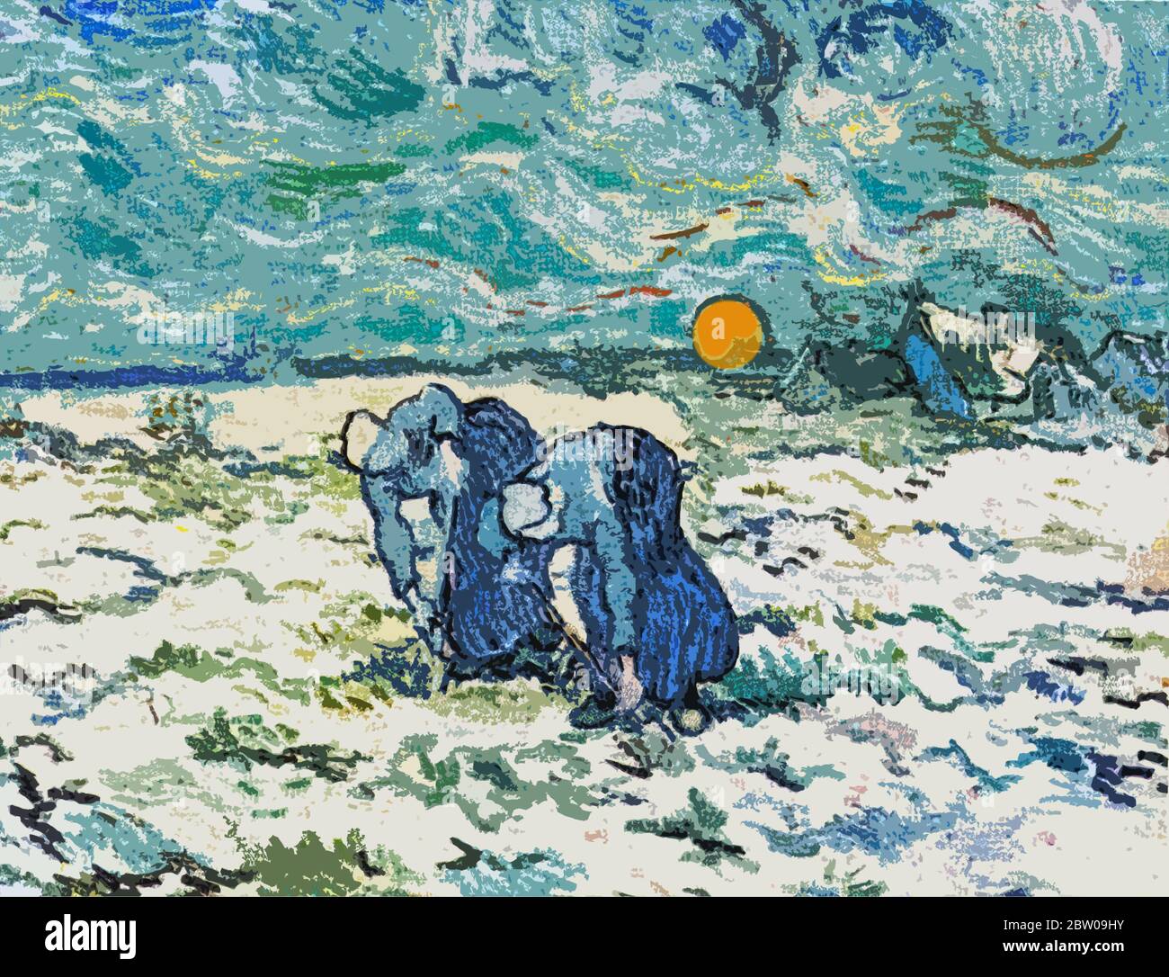 Numériquement modifié les deux paysannes creusage dans UN champ enneigé au coucher du soleil, par Van Gogh après Jean-François Millet, 1890. PAR EXEMPLE Musée Buhrle à Banque D'Images