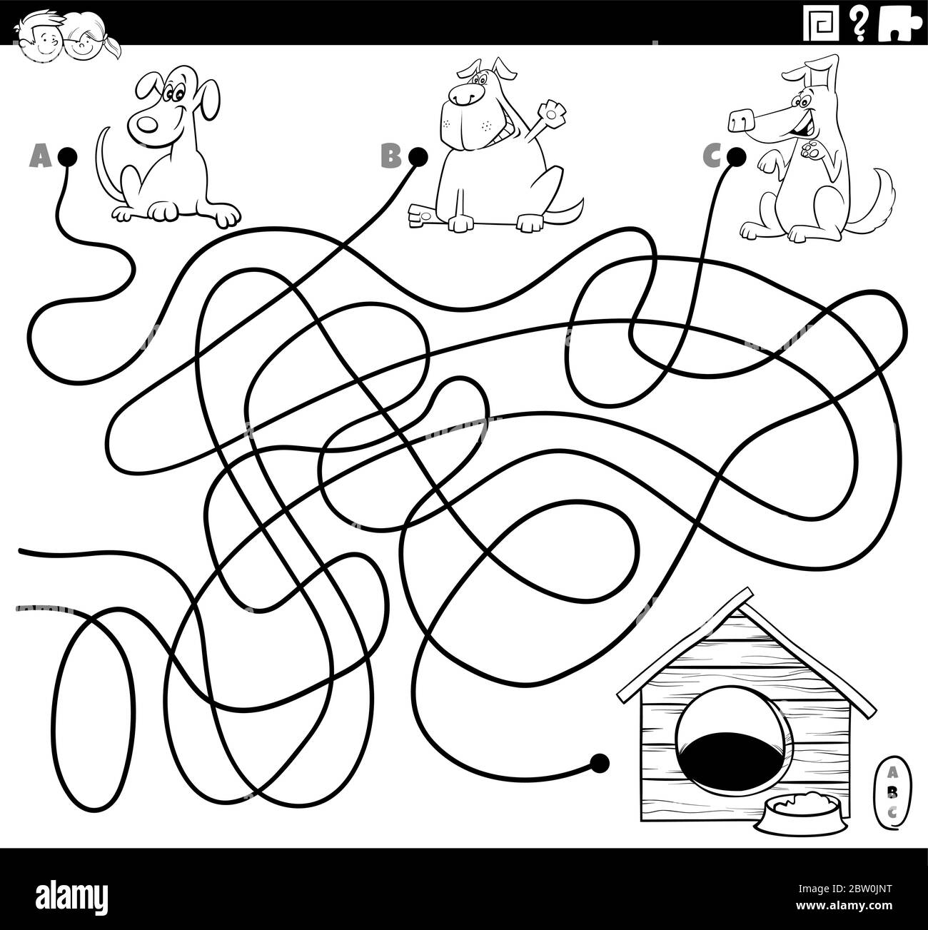 Dessin-modèle noir et blanc Illustration de lignes Maze jeu de Puzzle avec Comic Dogs and Dog House coloriage Book page Illustration de Vecteur