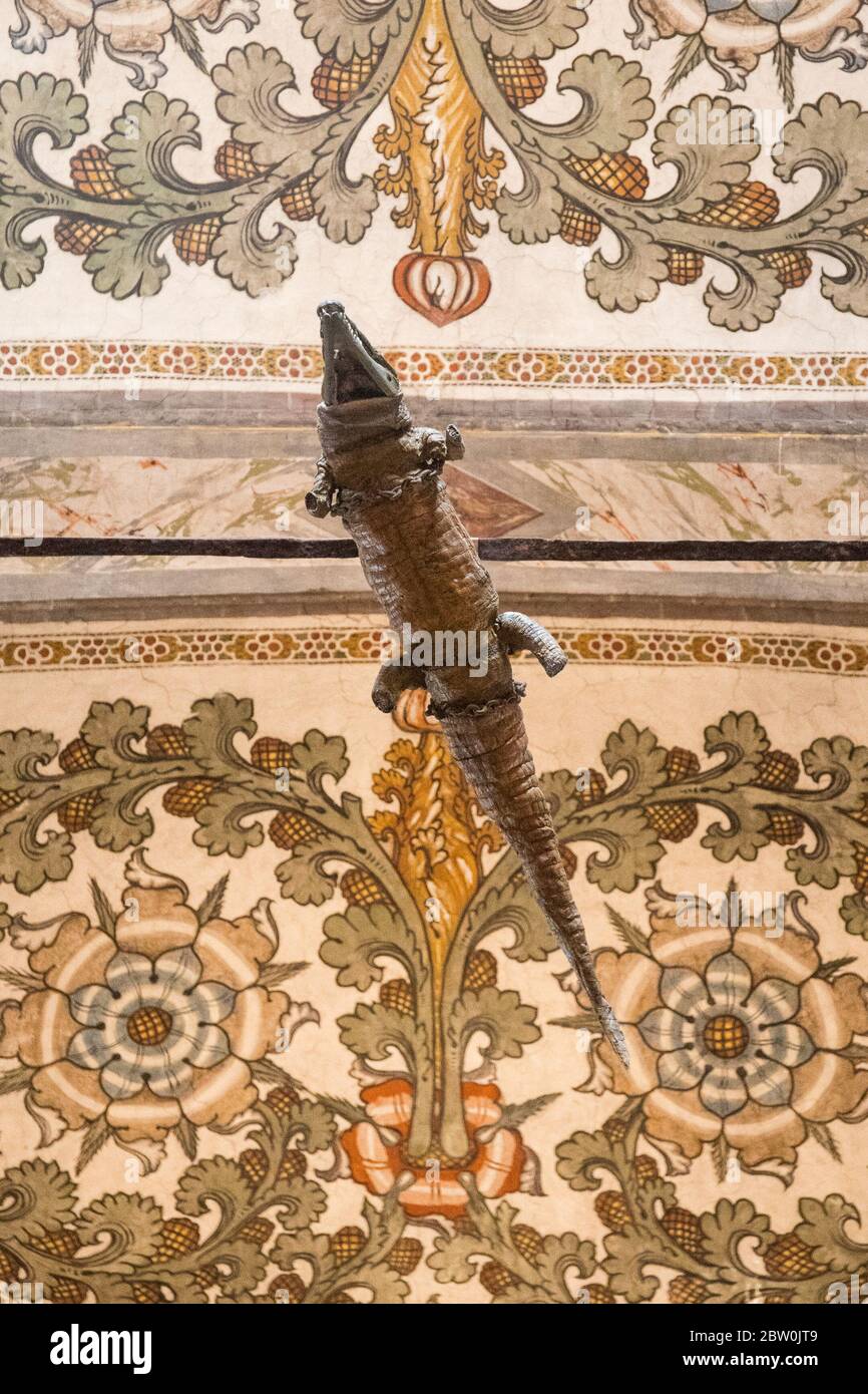 Crocodile suspendu au plafond dans le sanctuaire de Santa Maria delle Grazie, Curtatone, province de Mantoue, Italie. L'animal en peluche est supposé Banque D'Images