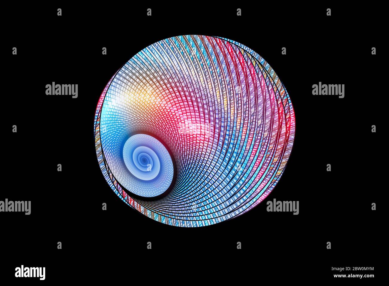 Géométrie fractale en spirale lumineuse colorée isolée sur fond noir, généré par ordinateur, rendu 3D Banque D'Images