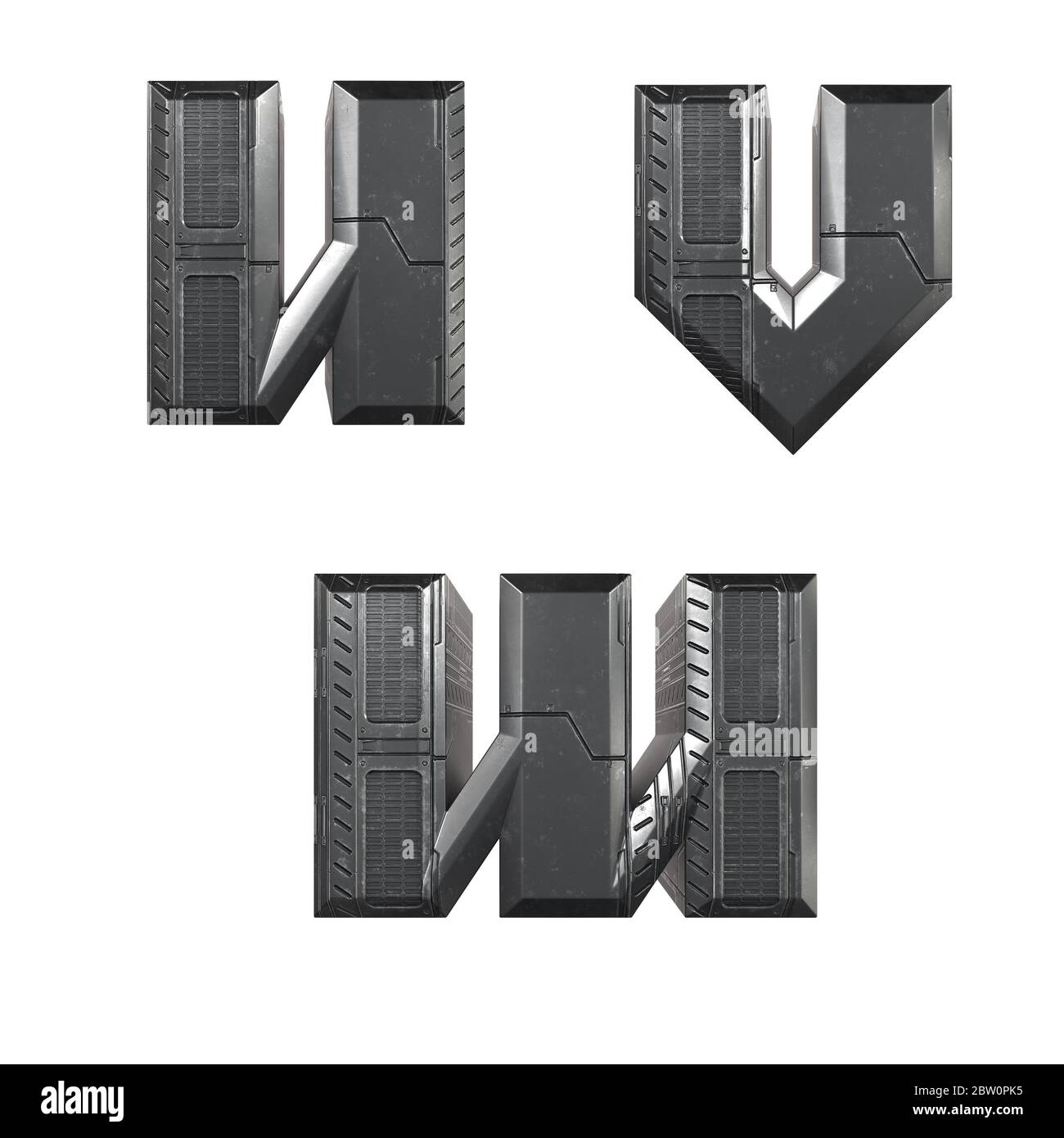 Rendu 3D des polices de caractères alphabétiques des panneaux métalliques Sci-fi - lettres U-W Banque D'Images