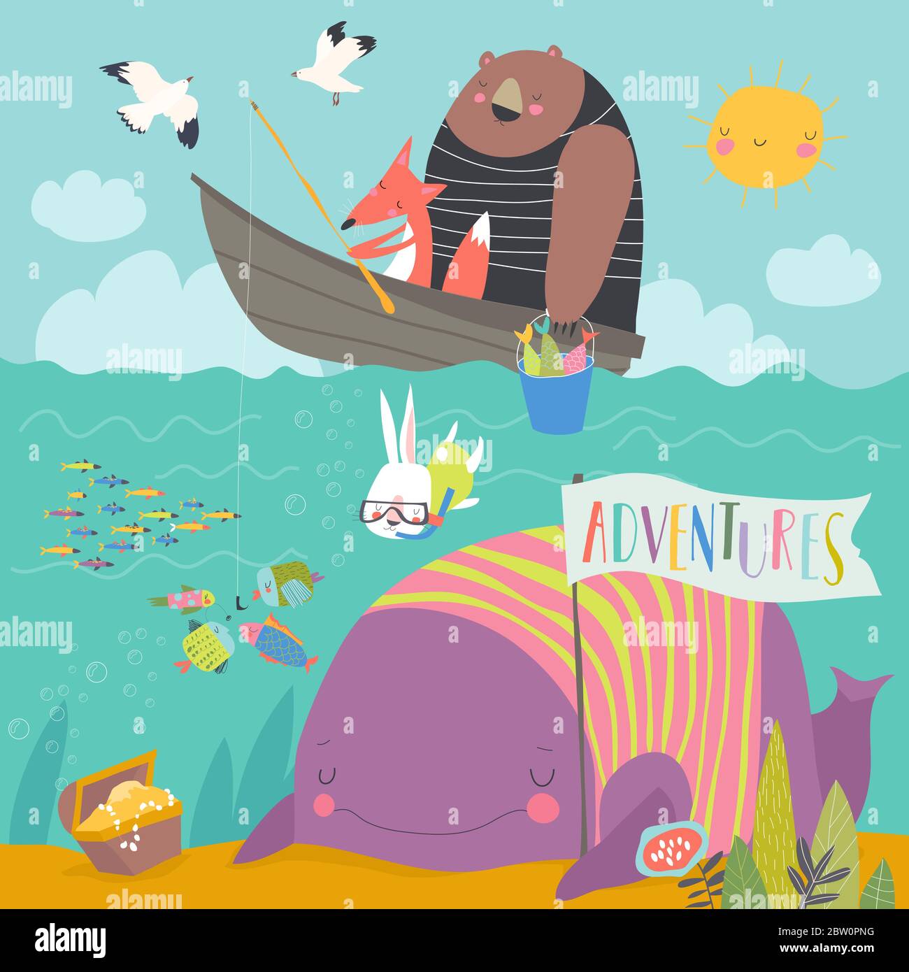 Les animaux mignons attrape sur une canne à pêche dans un petit bateau Illustration de Vecteur