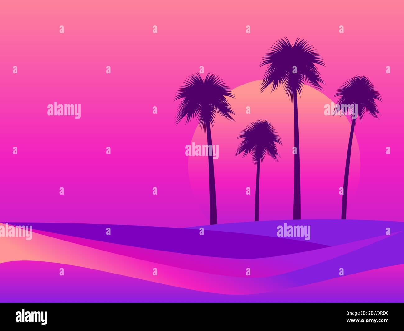 Paysage tropical avec palmiers sur fond de coucher de soleil. Dégradés colorés dans le style des années 80. Style futuriste rétro. Contexte pour un Illustration de Vecteur