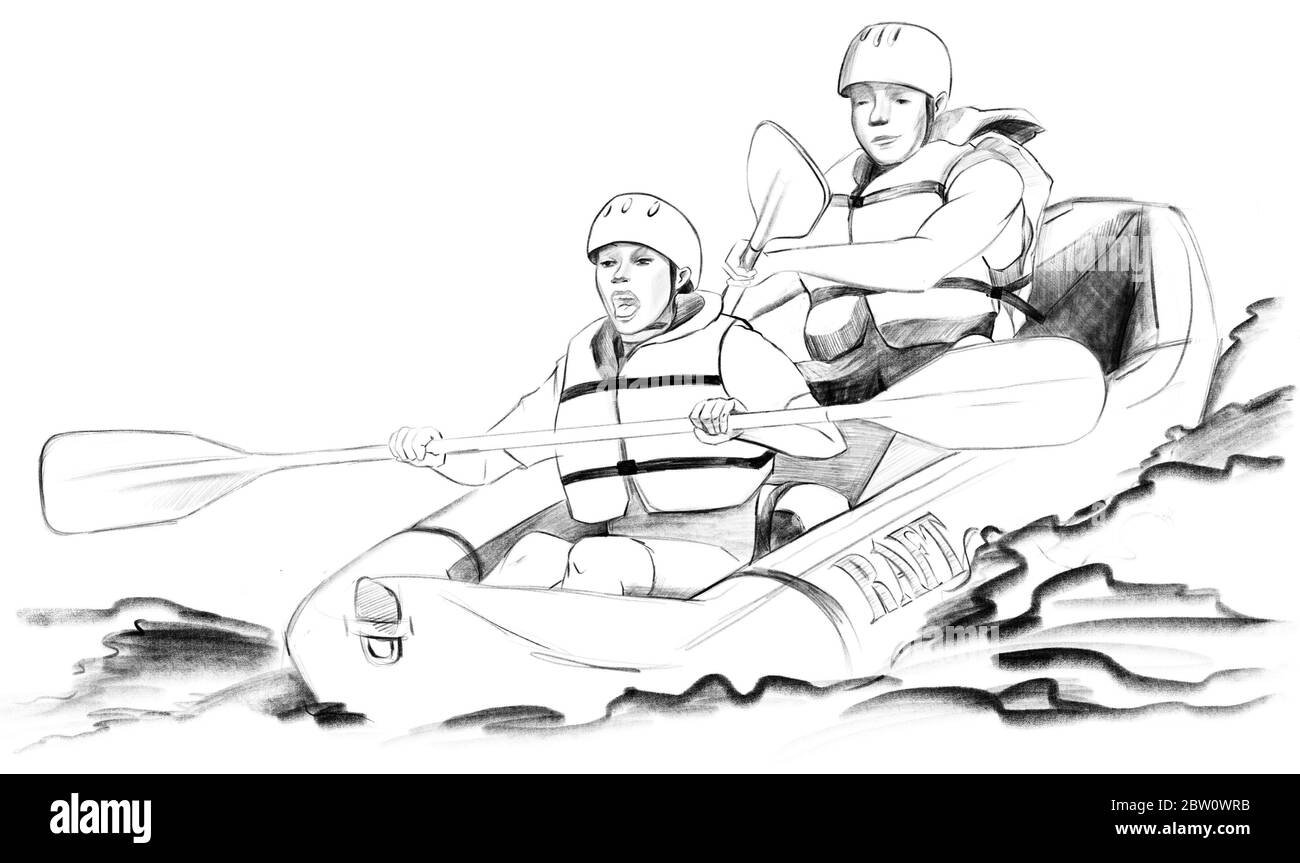 Esquisse du bateau de rafting. Une famille pagayant sur la rivière, illustration dessinée à la main Banque D'Images