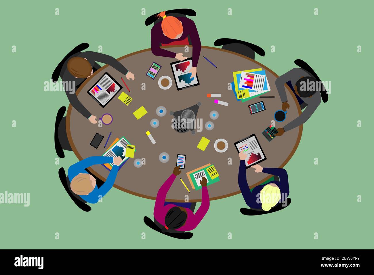 Six financiers assis autour d'une table de conférence avec divers éléments technologiques vus de l'illustration vectorielle de style plat ci-dessus Illustration de Vecteur