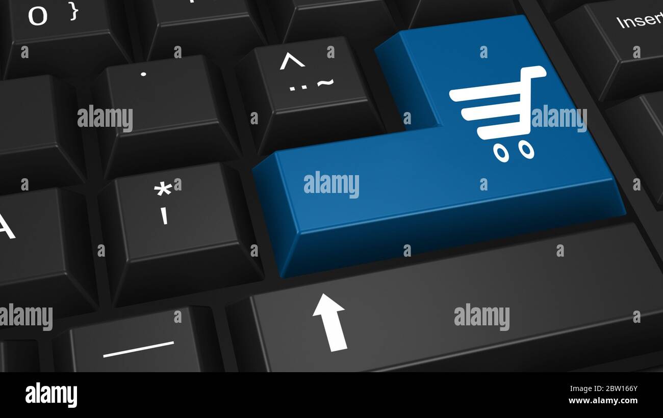 Illustration d'un clavier. Gros plan du clavier avec une entrée bleue et un dessin de chariot. Concept de shopping en ligne ou de shopping à la maison. Illustration 3D. Banque D'Images