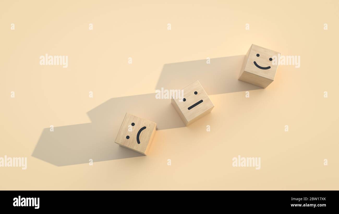 Client affichant une note avec une icône heureux sur fond jaune, concept d'enquête de satisfaction client, espace de copie. Illustration 3D Banque D'Images