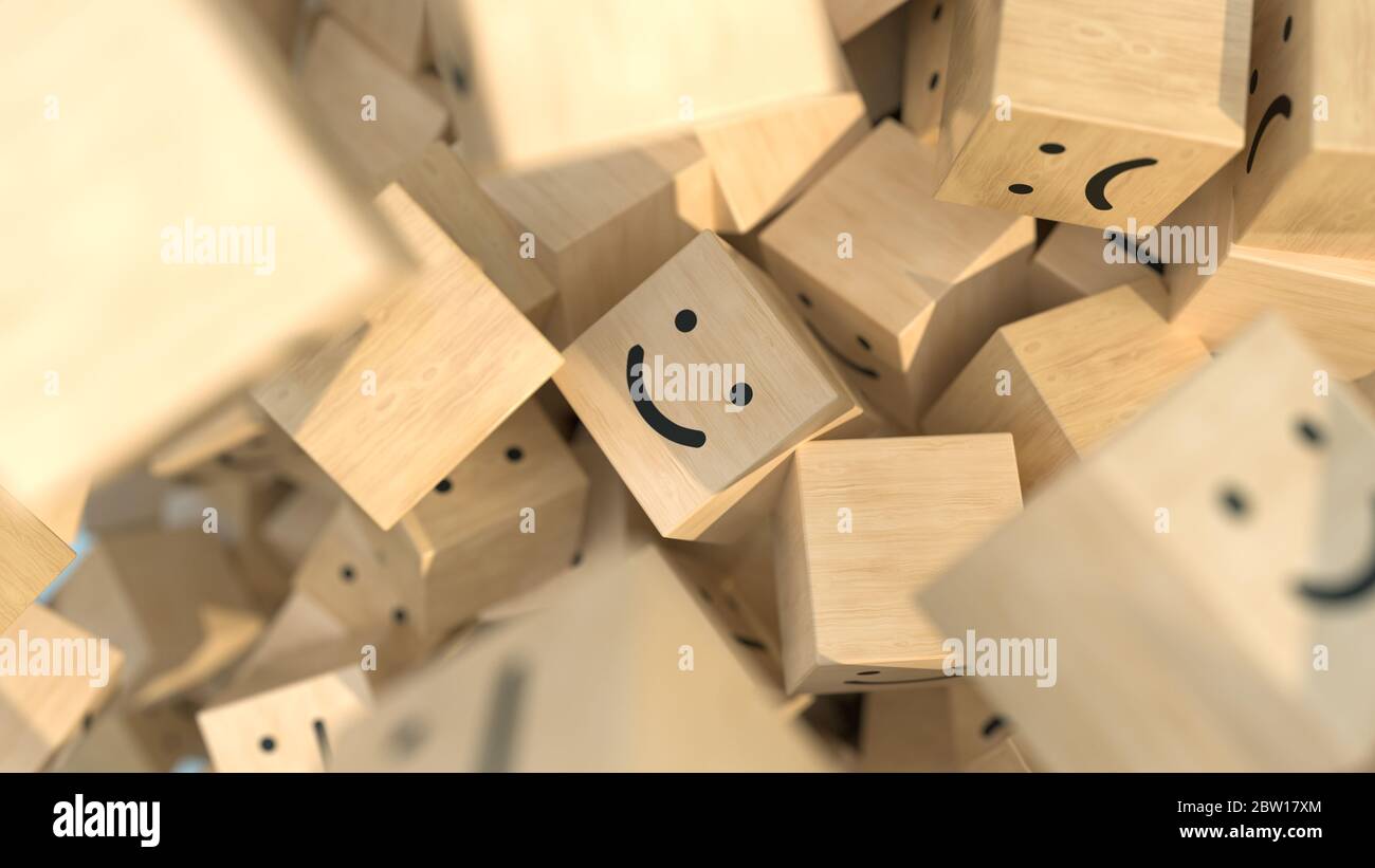 Emoji pile de cube en bois avec sourire visage souriant au milieu. Illustration 3D Banque D'Images