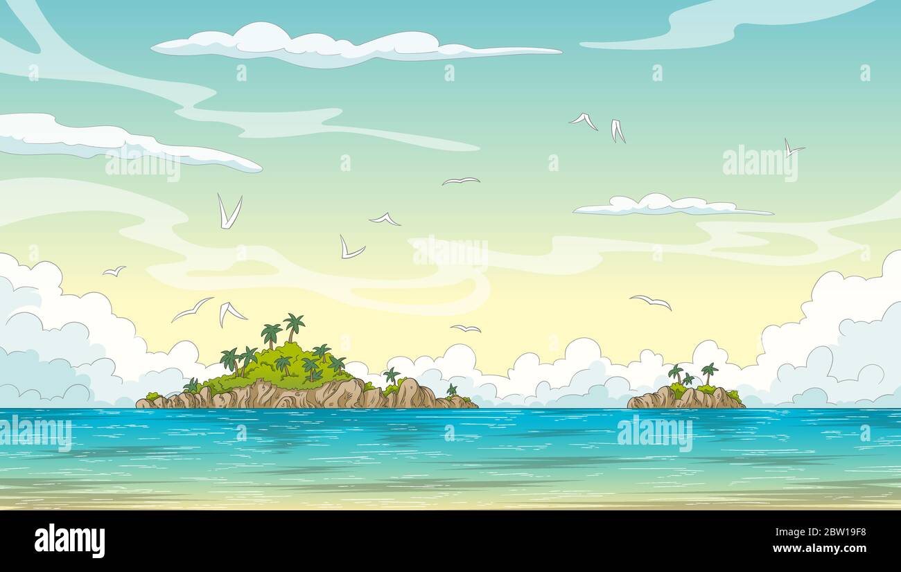 Paysage d'été avec des îles, des ozeens et des oiseaux. Illustration vectorielle avec calques séparés. Illustration de Vecteur