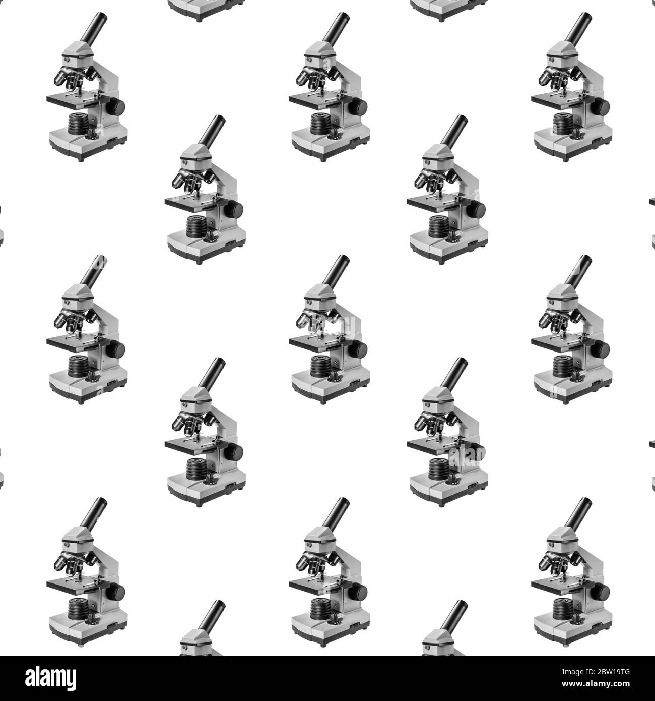 Modèle sans couture du microscope isolé sur blanc. Équipement médical. Microscope de laboratoire. Recherche scientifique et de santé Banque D'Images