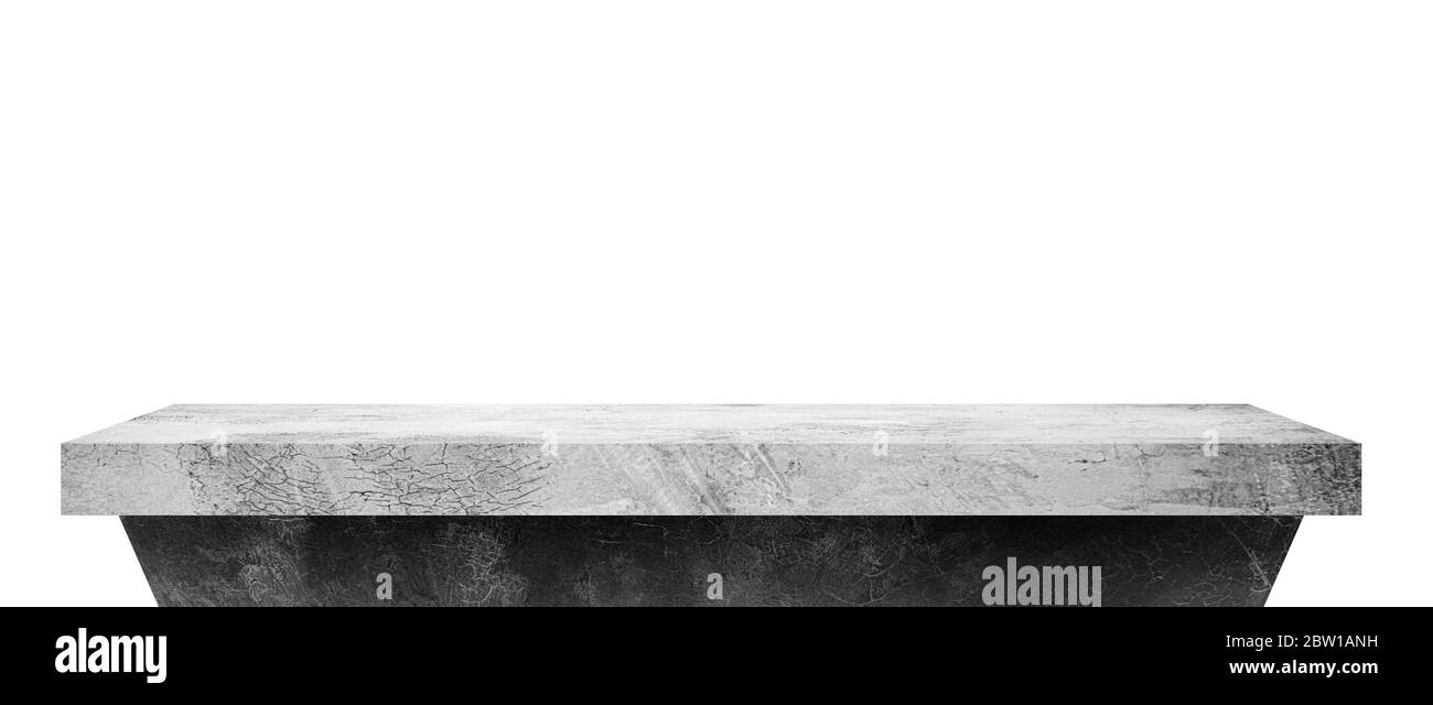 Table en béton de ciment gris classique, isolée sur fond blanc, pour les produits d'exposition et de décoration intérieure. Banque D'Images