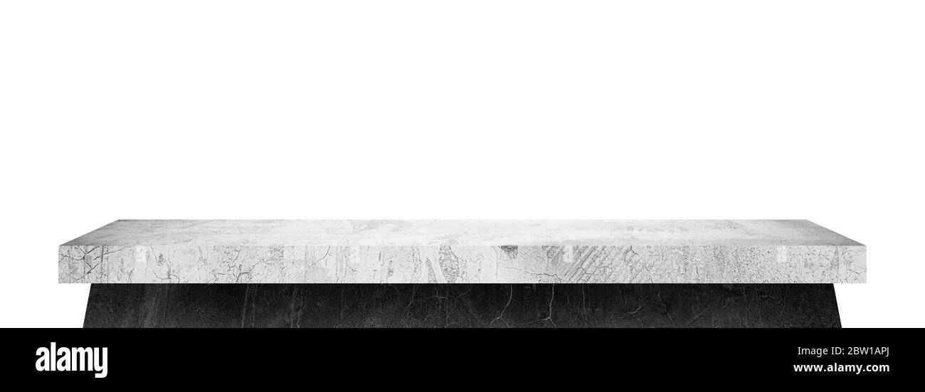 Table en béton de ciment gris classique, isolée sur fond blanc, pour les produits d'exposition et de décoration intérieure. Banque D'Images