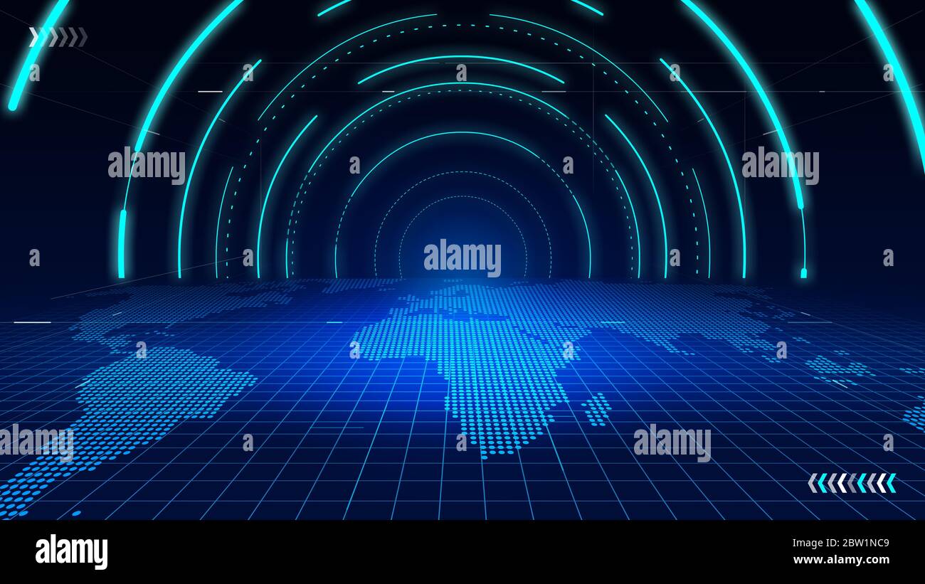 Carte du monde numérique perspective tunnel spatial, technologie Internet fond bleu foncé. Banque D'Images