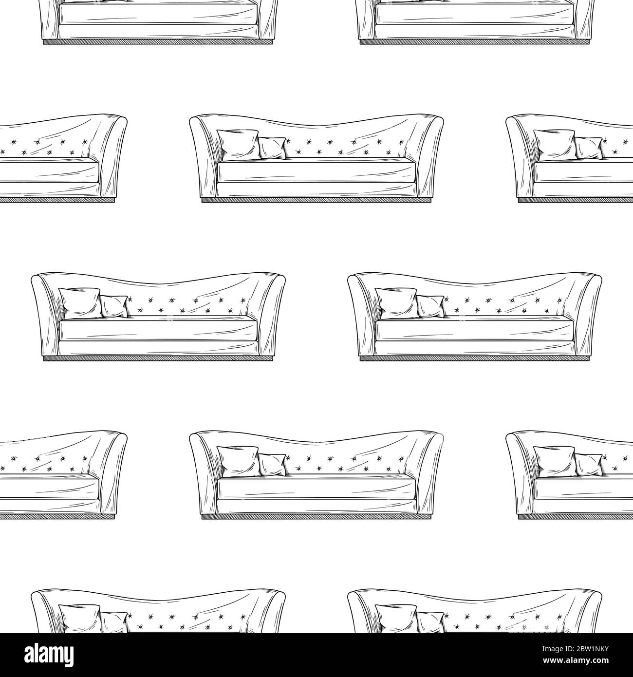 Motif sans couture. Canapé, pouf sur fond blanc. Illustration vectorielle dans le style d'esquisse. Illustration de Vecteur