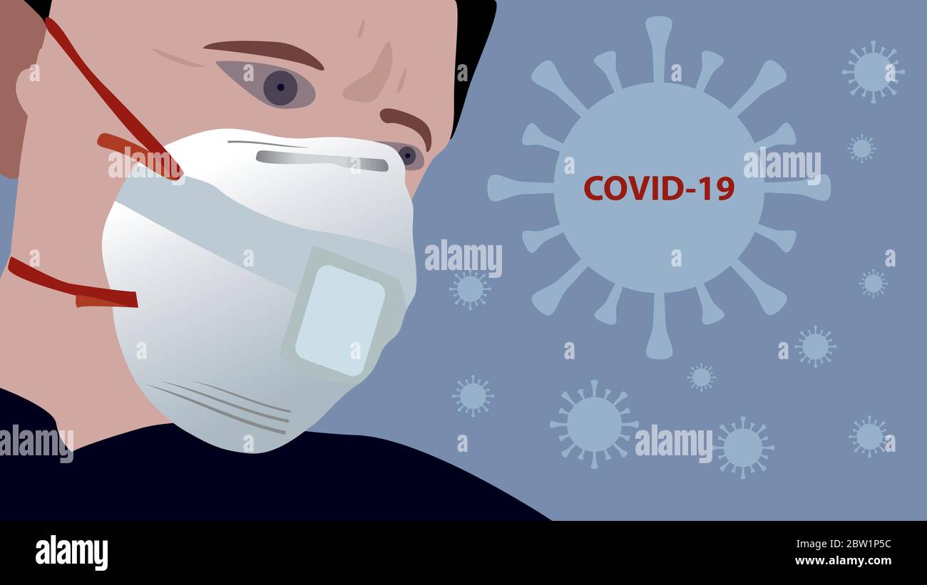 Mignon homme personne portant un masque de protection. Concept de quarantaine du coronavirus. Illustration de Vecteur