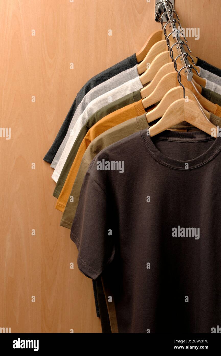 Un rail d'atelier rempli de T-shirts de différentes couleurs Banque D'Images