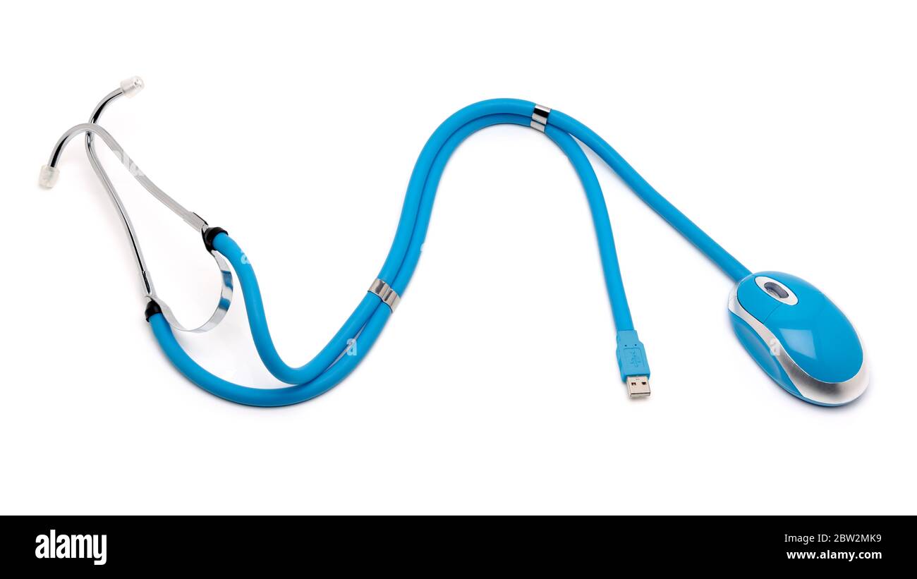 Un stéthoscope avec une souris d'ordinateur et USB à l'extrémité Banque D'Images