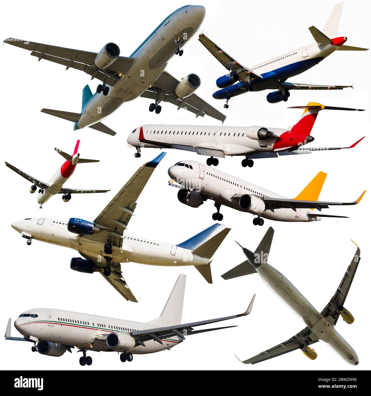 Collage de divers avions de passagers isolés sur blanc. Concept de l'aviation civile Banque D'Images Collage de divers avions de passagers isolés sur blanc. Concept de l'aviation civile Banque D'Images
