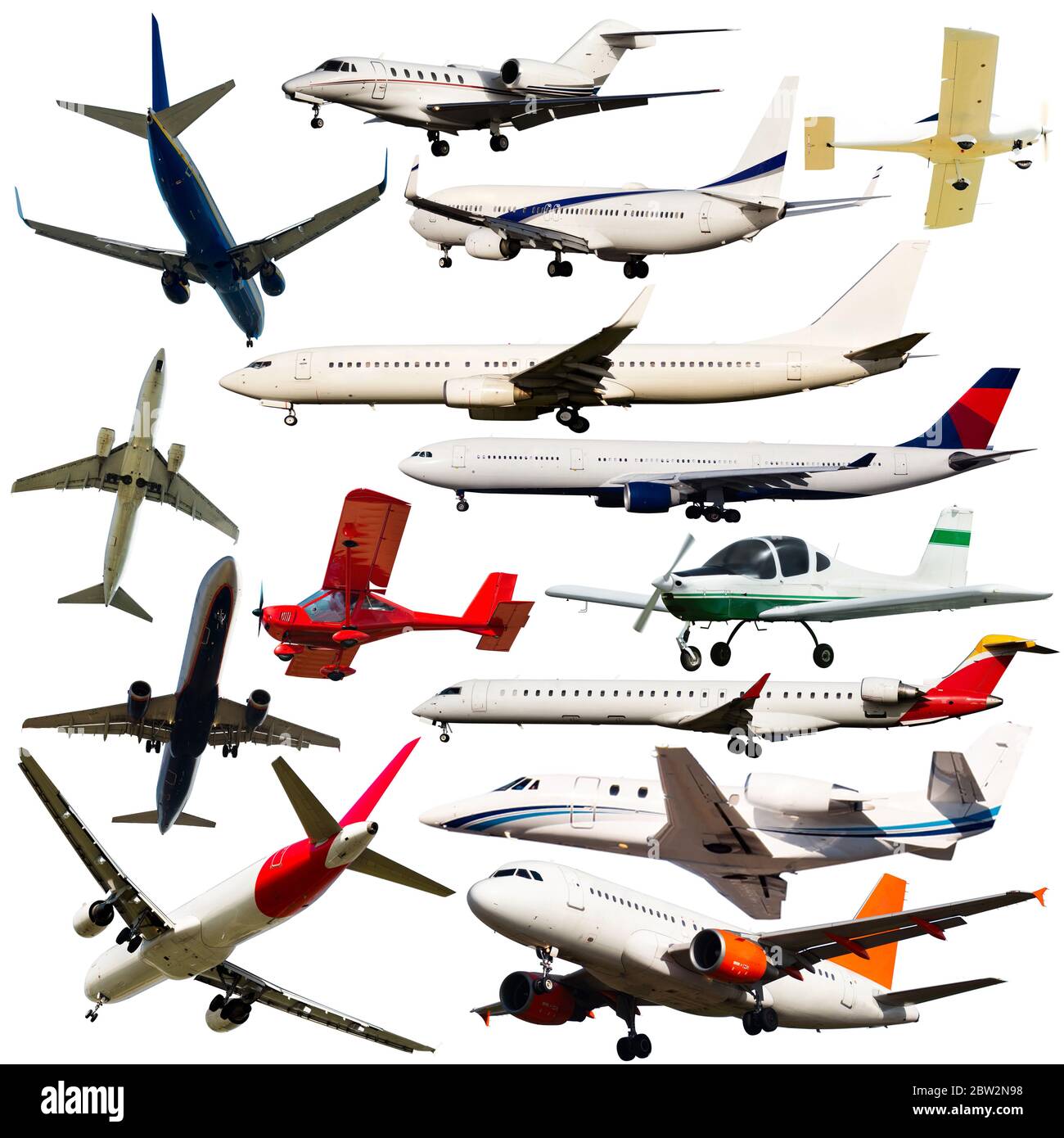 Avions de passagers, planeurs, gyrocoptères, avions isolés sur fond blanc Banque D'Images