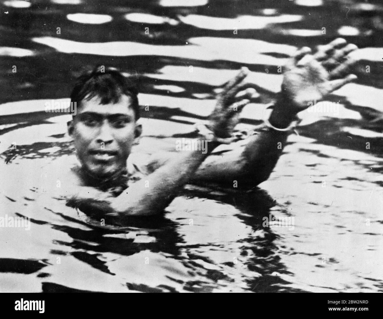 Vingt-quatre heures avec les mains manacled sets nouveau recrod . M. P K Ghosh de Calcutta , qui a déjà acquis une réputation de natation d'endurance, a établi un nouveau record mondial en nageant dans le réservoir Cornwallis , Madra , pendant vingt-quatre heures avec ses deux mains menottées . Sa performance a été surveillée par une foule de vingt mille personnes . Photos , M. P K Ghosh montrant ses mains manacrées après avoir terminé sa natation de vingt-quatre heures . 17 avril 1934 . Banque D'Images