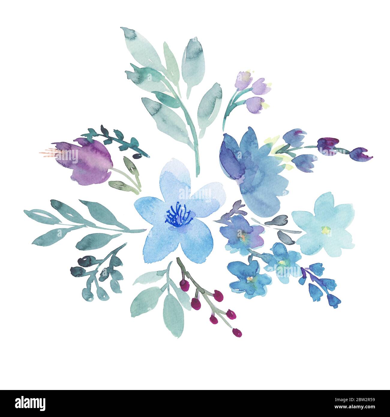 Dessin à la main boho aquarelle illustration florale avec fleurs bleues, pourpres, baies bleues et feuilles vertes. Banque D'Images