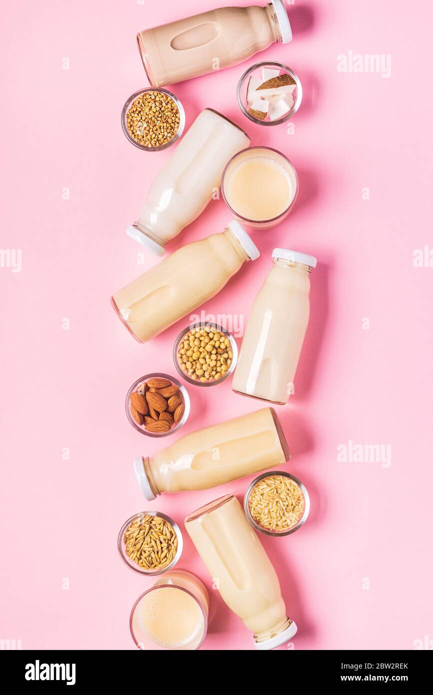 Une bouteille de lait et d'ingrédients alternatifs, vue de dessus. Banque D'Images