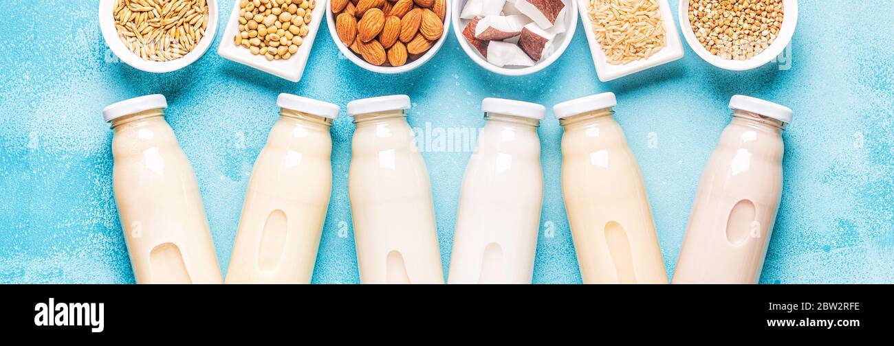 Une bouteille de lait et d'ingrédients alternatifs, vue de dessus. Banque D'Images