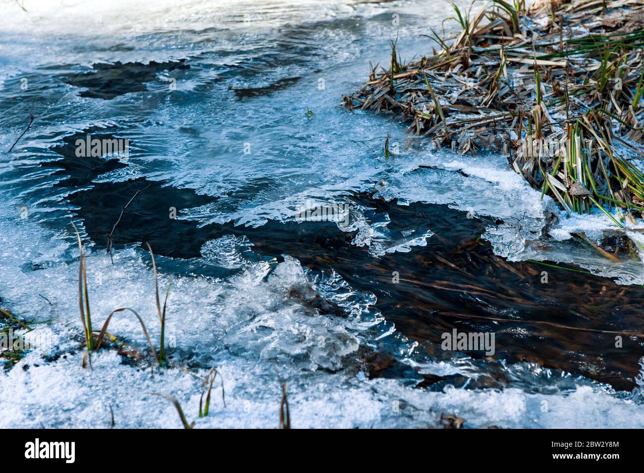 ruisseau recouvert de glace figurée au printemps avec des ombres bleues Banque D'Images