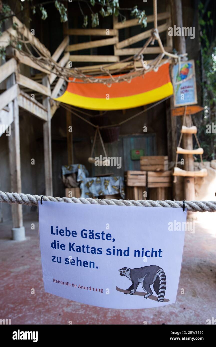 Hambourg, Allemagne. 29 mai 2020. Un panneau avec l'inscription « les invités, les hochets ne sont pas à voir. L'ordre officiel est suspendu sur une corde dans l'aquarium tropical du zoo de Hagenbeck. Les visiteurs peuvent à nouveau admirer les crocodiles, les serpents, les poissons et autres animaux dans l'aquarium tropical du zoo à partir du 3 juin. La maison a été fermée à la mi-mars à la suite de la pandémie de Corona et elle rouvre maintenant sous certaines conditions. Des modifications ont été apportées à l'acheminement et des mesures ont été prises pour se conformer aux règles de distance et d'hygiène. Credit: Christian Charisius/dpa/Alay Live News Banque D'Images
