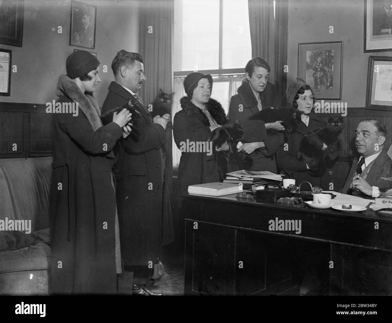 Recherche de film pour un chat . Des centaines de chats noirs , de toutes formes et tailles , ont été pris par Shaftesbury Avenue , Londres , Par leurs propriétaires dans l'espoir que leur chat pourrait être la chance d'être sélectionné pour remplir un rôle important dans le nouveau film Edgar Wallace ' l'escouade volante ' qui est maintenant produit par M. Earl Kraemer à Beaconsfield , Bucks . M. Earl Kraemer examine les chats susceptibles de remplir le rôle . 22 mars 1932 Banque D'Images