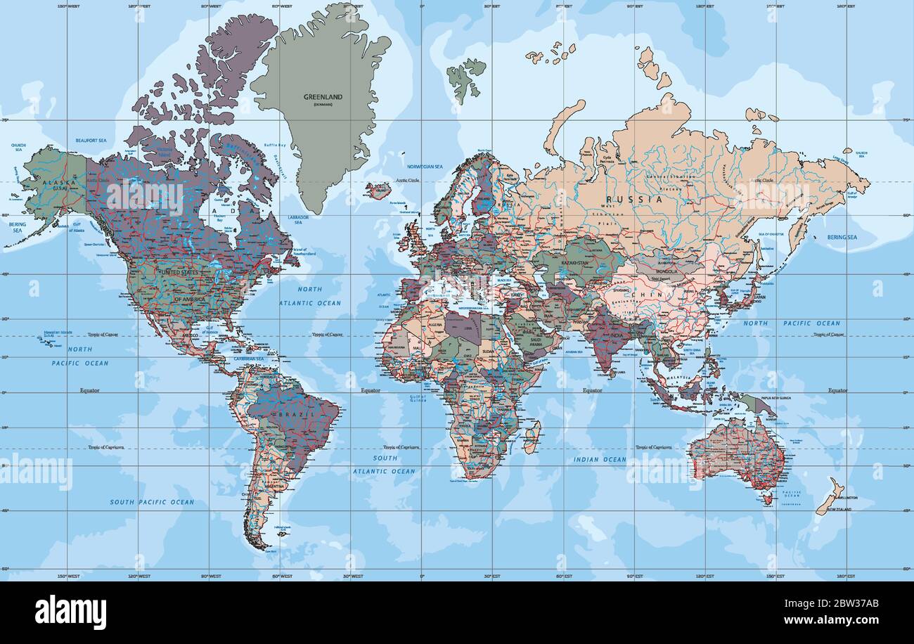 Carte du monde politique dans Mercator projection. Illustration de Vecteur