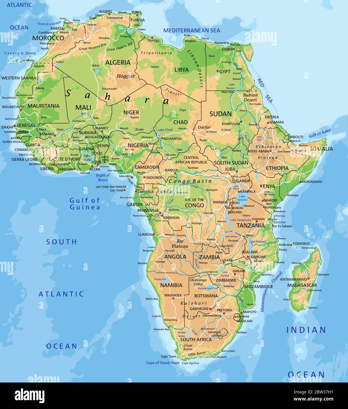 Carte physique africaine très détaillée avec étiquetage. Illustration de Vecteur