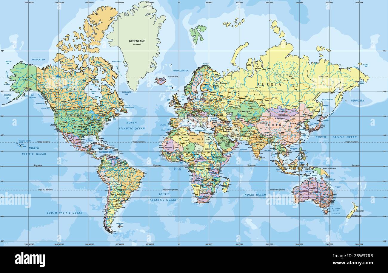 Carte du monde politique dans Mercator projection. Illustration de Vecteur