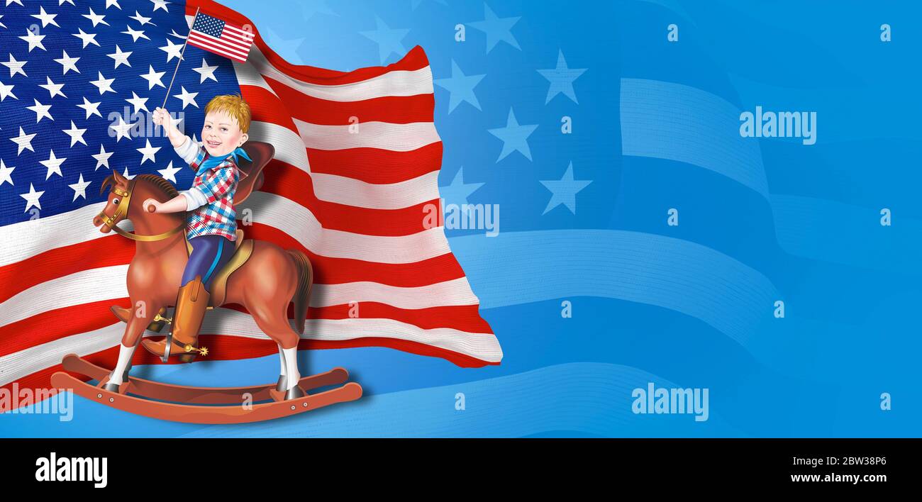 Etats-Unis d'Amérique bannière patriotique fond avec Kid sur le cheval à bascule avec drapeau américain dans sa main. Espace de copie côté droit. Jeune USA Patrio Banque D'Images