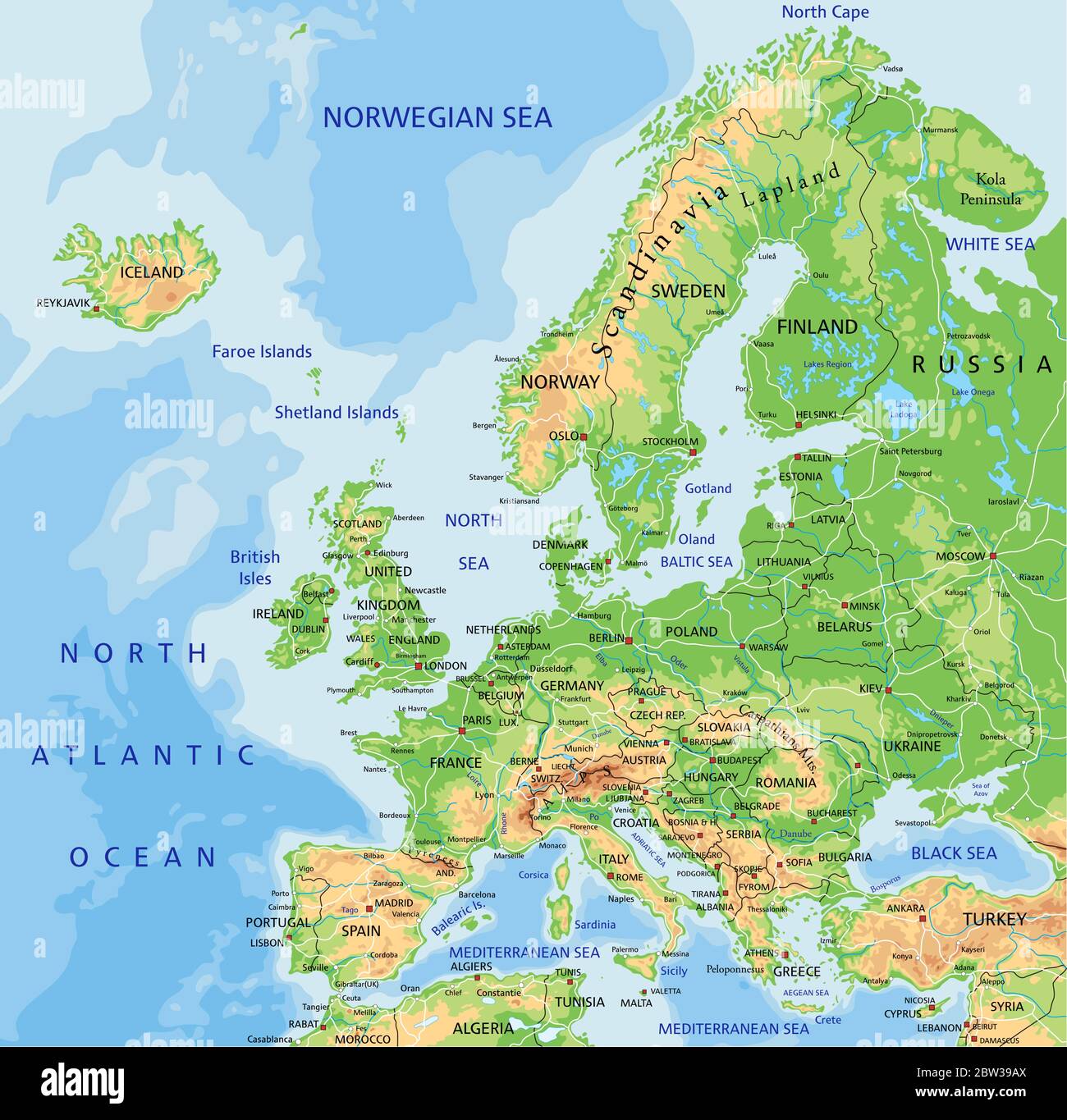 Carte physique haute précision pour l'Europe avec étiquetage. Illustration de Vecteur