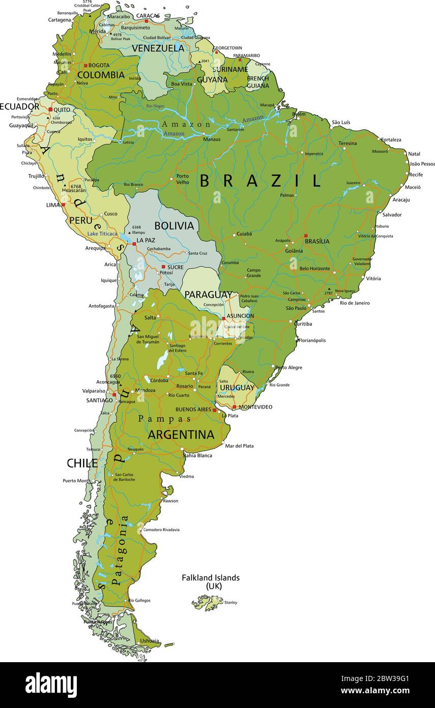 Carte politique modifiable très détaillée avec couches séparées. Amérique du Sud. Illustration de Vecteur