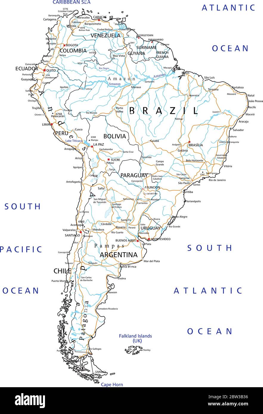 Carte routière détaillée de l'Amérique du Sud avec étiquetage. Illustration de Vecteur