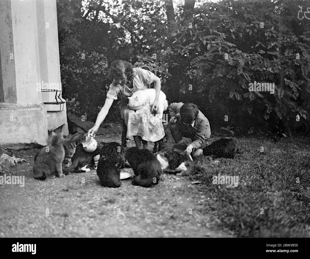 Mlle Loveday dans son jardin avec une partie de sa famille de chats . 5 octobre 1934 . Banque D'Images