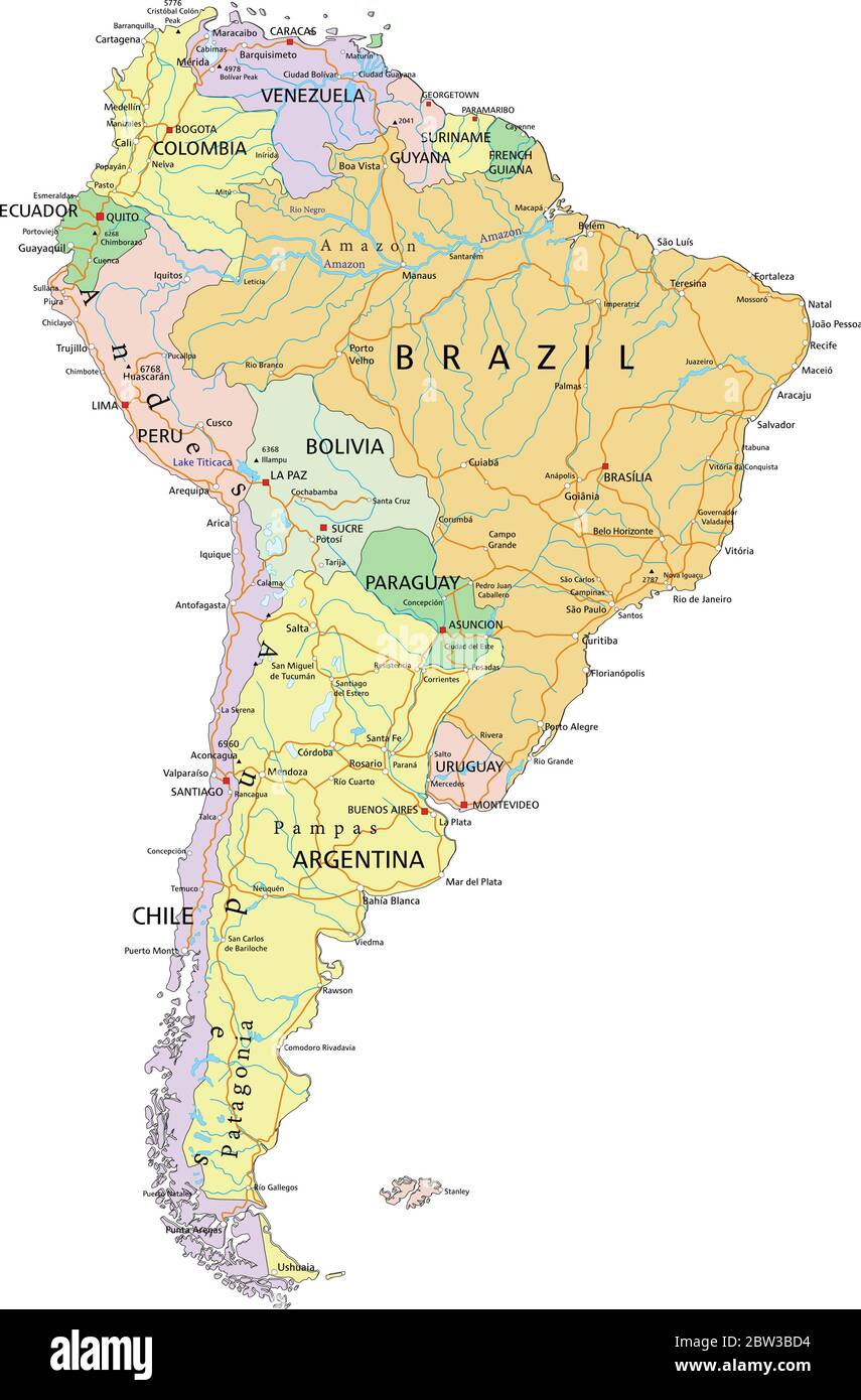 Amérique du Sud - carte politique modifiable très détaillée avec des couches séparées. Illustration de Vecteur