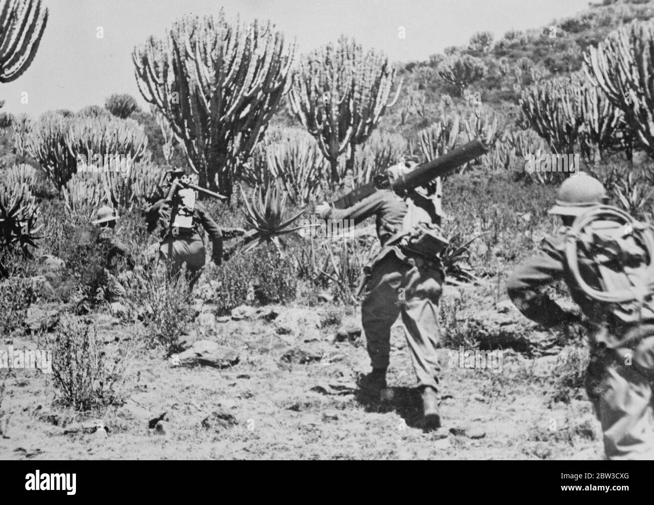 Mitrailleuses pour ligne avant . Des soldats italiens transportant des mitrailleuses jusqu'à la ligne de front à travers le cactus des terres désertiques dans la zone de bataille nord autour de Makale . 26 octobre 1935 Banque D'Images