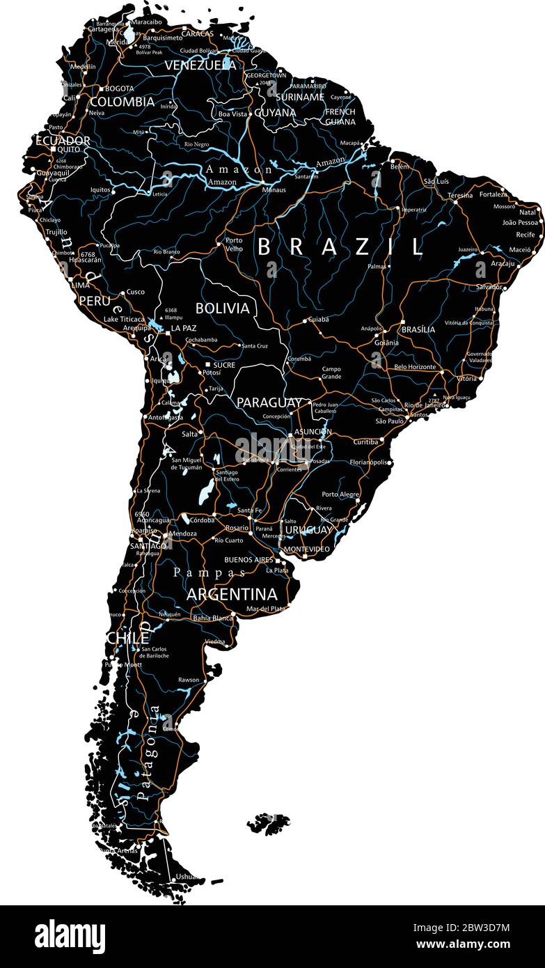 Carte routière détaillée de l'Amérique du Sud avec étiquetage - Noir. (clairement étiquetés sur les couches séparées) Illustration de Vecteur