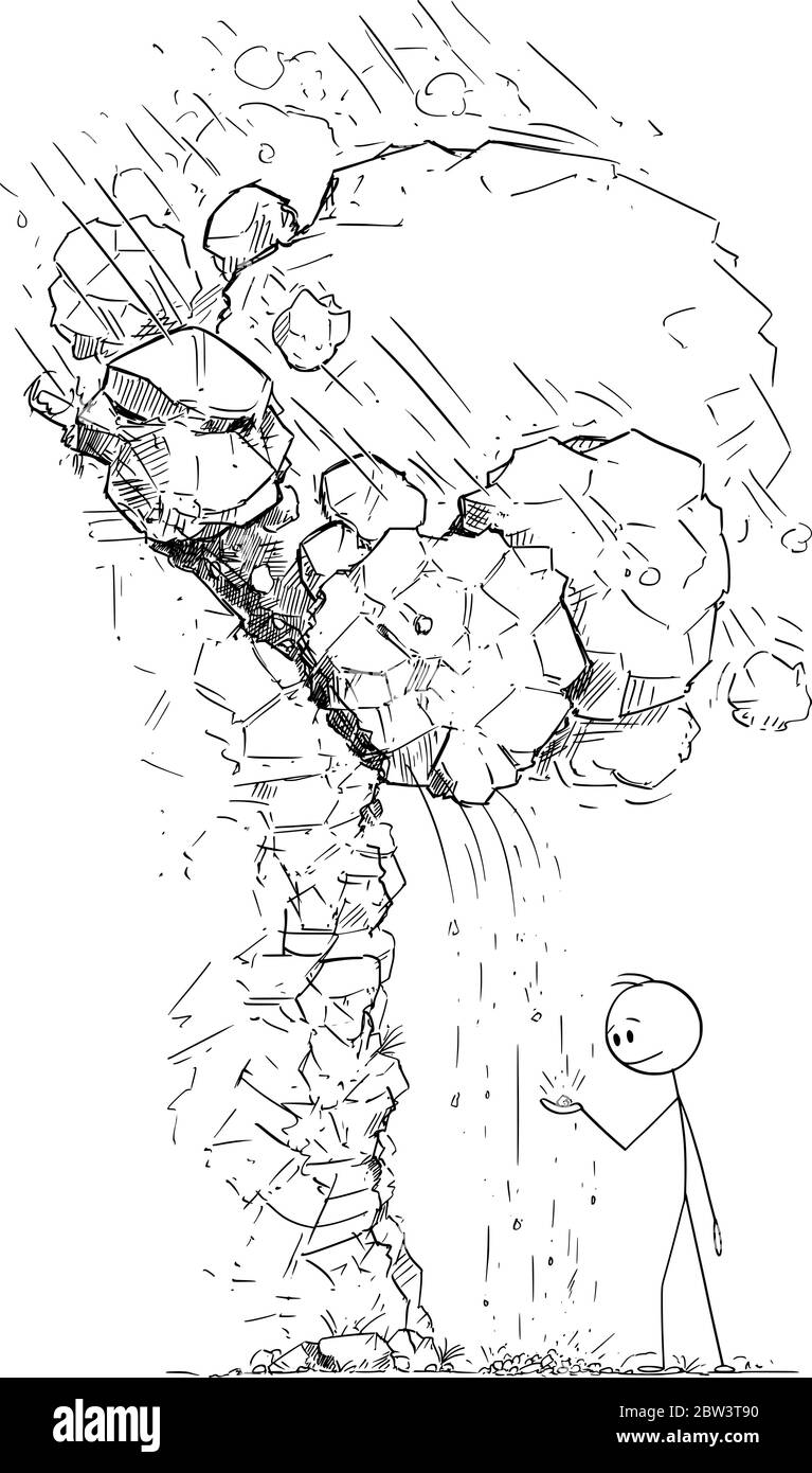 Vecteur dessin dessin dessin dessin dessin dessin dessin conceptuel de l'homme ou de l'homme d'affaires jouant avec de petites pierres tombant ignorant avalanche de roches tombant sur lui. Concept d'approche de crise financière. Illustration de Vecteur