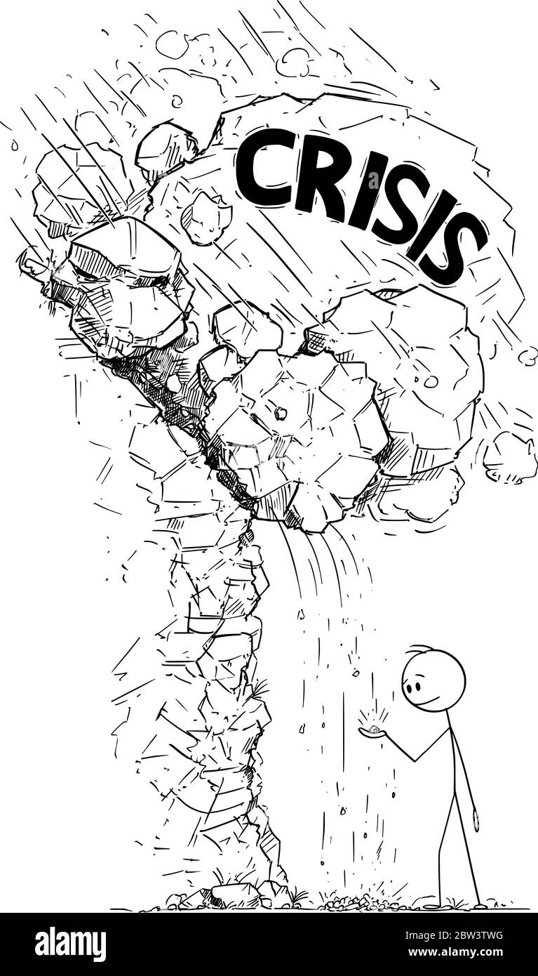 Vecteur dessin dessin dessin dessin dessin dessin dessin conceptuel de l'homme ou de l'homme d'affaires jouant avec de petites pierres tombant ignorant avalanche de roches tombant sur lui. Concept d'approche de crise financière. Illustration de Vecteur