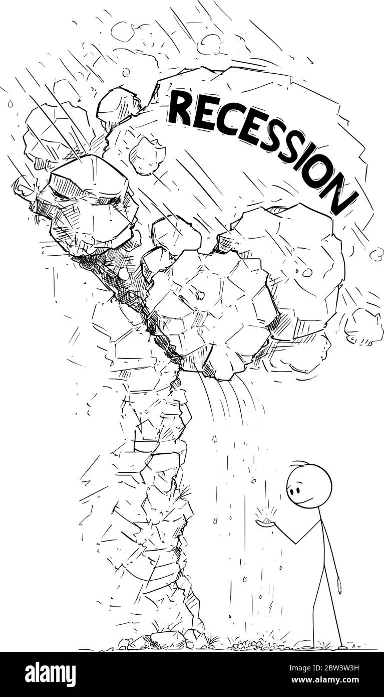 Vecteur bâton de dessin dessin dessin illustration conceptuelle de l'homme ou de l'homme d'affaires jouant avec de petites pierres tombant ignorant l'avalanche de la récession des roches tombant sur lui. Concept d'approche de crise financière. Illustration de Vecteur