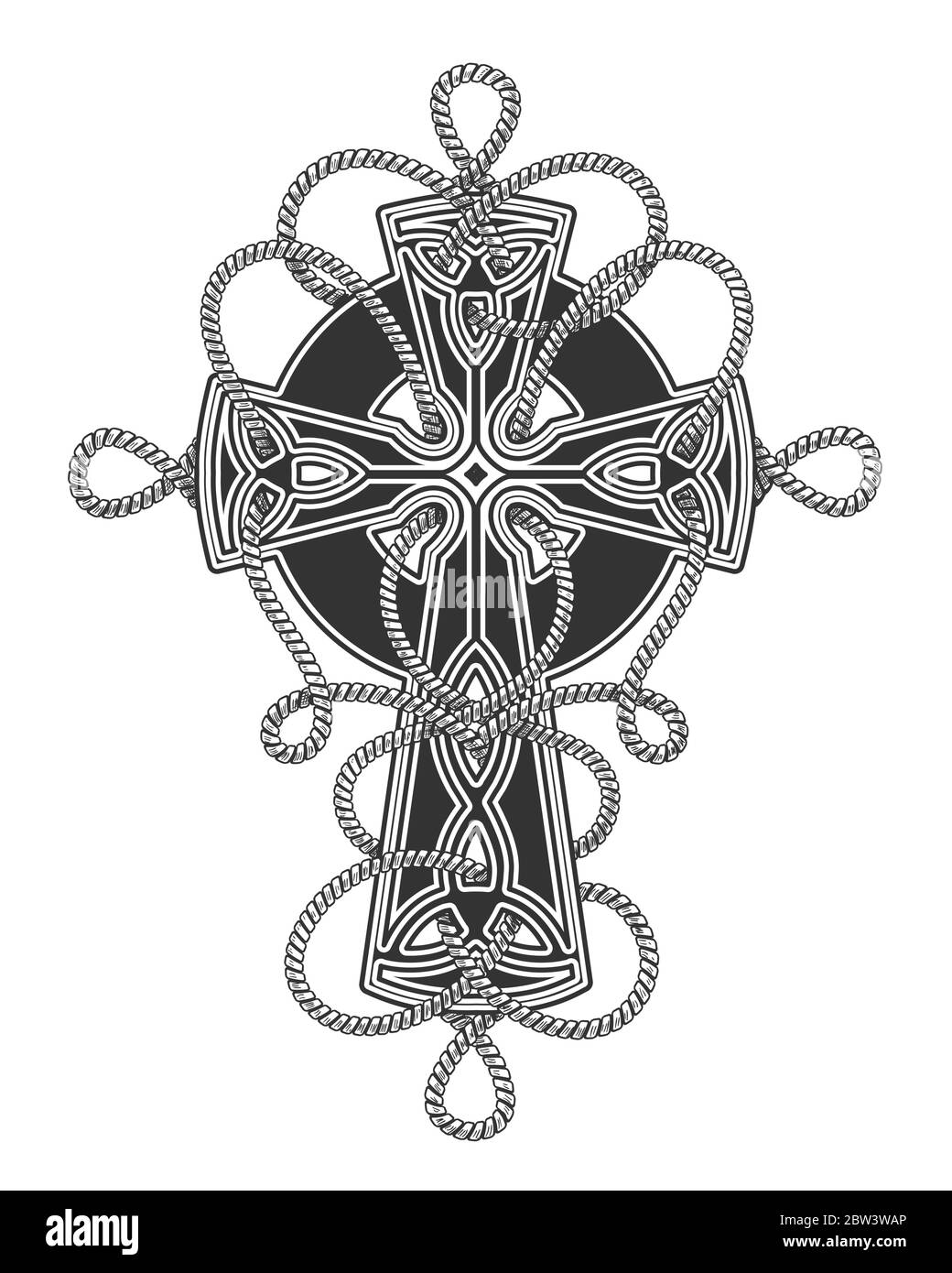 Celtic Cross entwiné par cordes Tattoo dans le style de gravure. Illustration vectorielle. Illustration de Vecteur