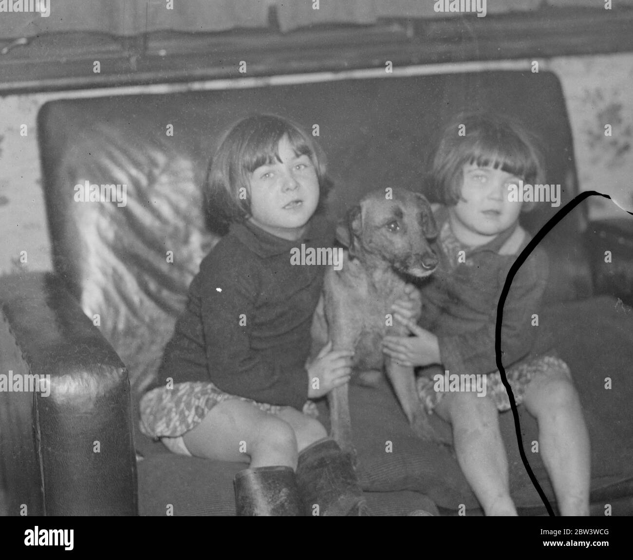 Enfants sauvés du feu par l'homme qui s'accroché au toit avec ses doigts . Edith Kisby ( à gauche ) , Tiny , leur chien , et Doris Kisby chez eux après leur épreuve sur St Mary's Road , Edmonton , Londres . 7 novembre 1935 Banque D'Images