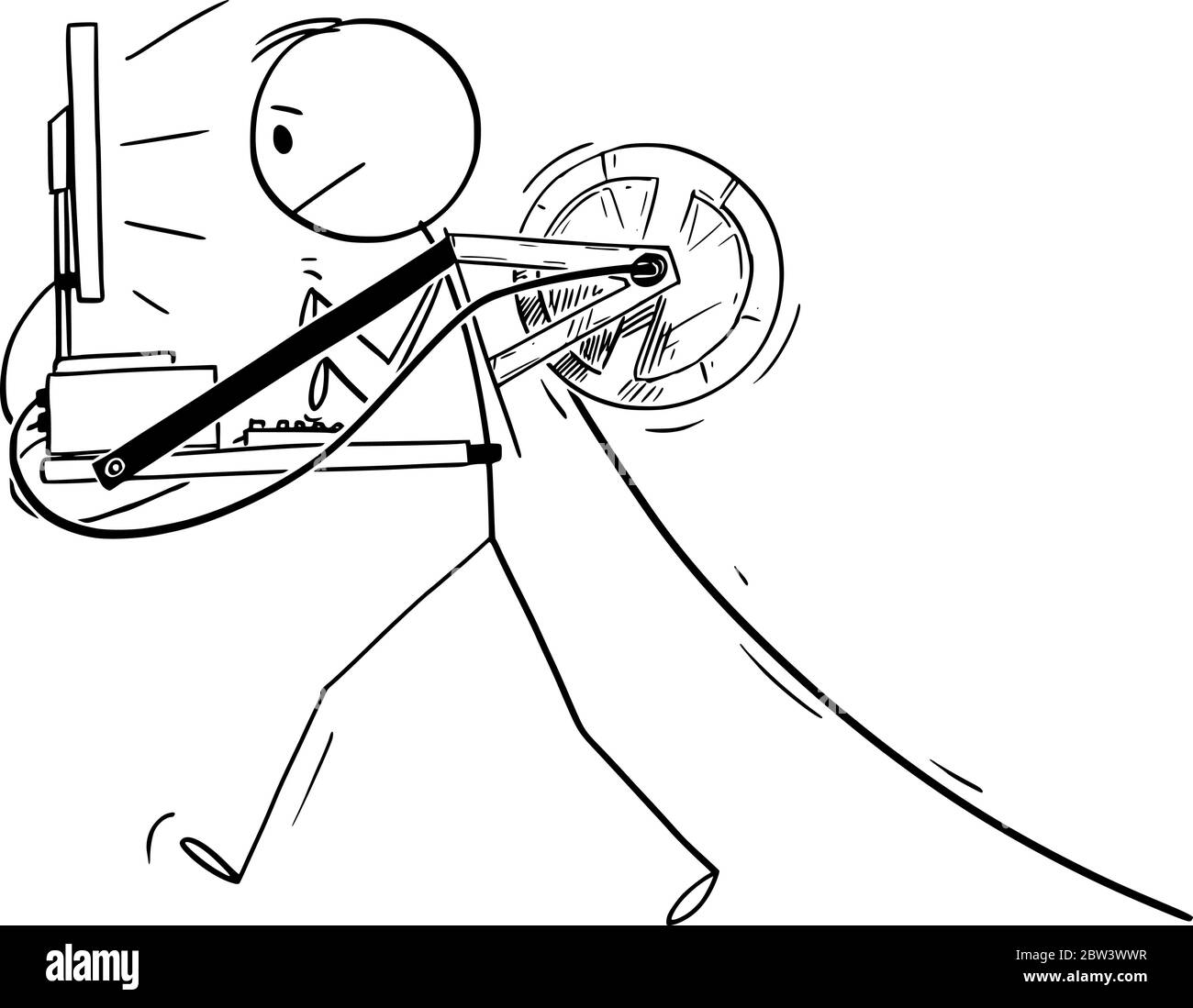 Dessin vectoriel de dessin de dessin de dessin de dessin de dessin conceptuel d'homme ou d'homme d'affaires transportant un ordinateur de bureau attaché à lui comme bureau mobile, tirant le câble électrique derrière. Illustration de Vecteur