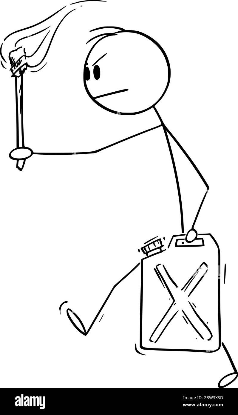 Dessin vectoriel de dessin de dessin de dessin dessin conceptuel de l'homme en colère ou homme d'affaires portant flambeau et Jerry CAN ou jerrycan avec du gaz ou de l'essence. Illustration de Vecteur