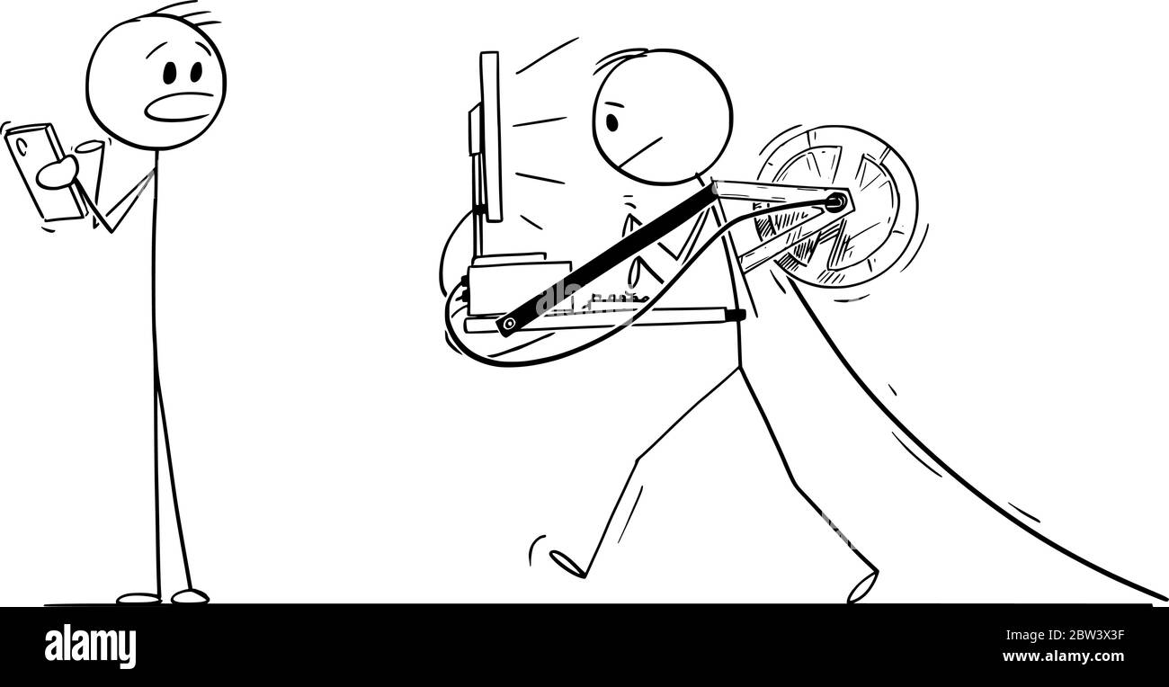 Dessin vectoriel de dessin de dessin de dessin de dessin de dessin conceptuel d'homme ou d'homme d'affaires transportant un ordinateur de bureau attaché à lui comme bureau mobile, tirant le câble électrique derrière. L'homme avec un téléphone portable est choqué. Illustration de Vecteur